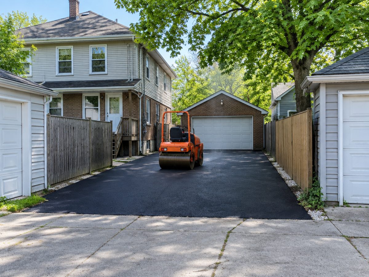 An orange roller sits on a just-paved pad running from a concrete alley to a red brick garage behind a two-story duplex