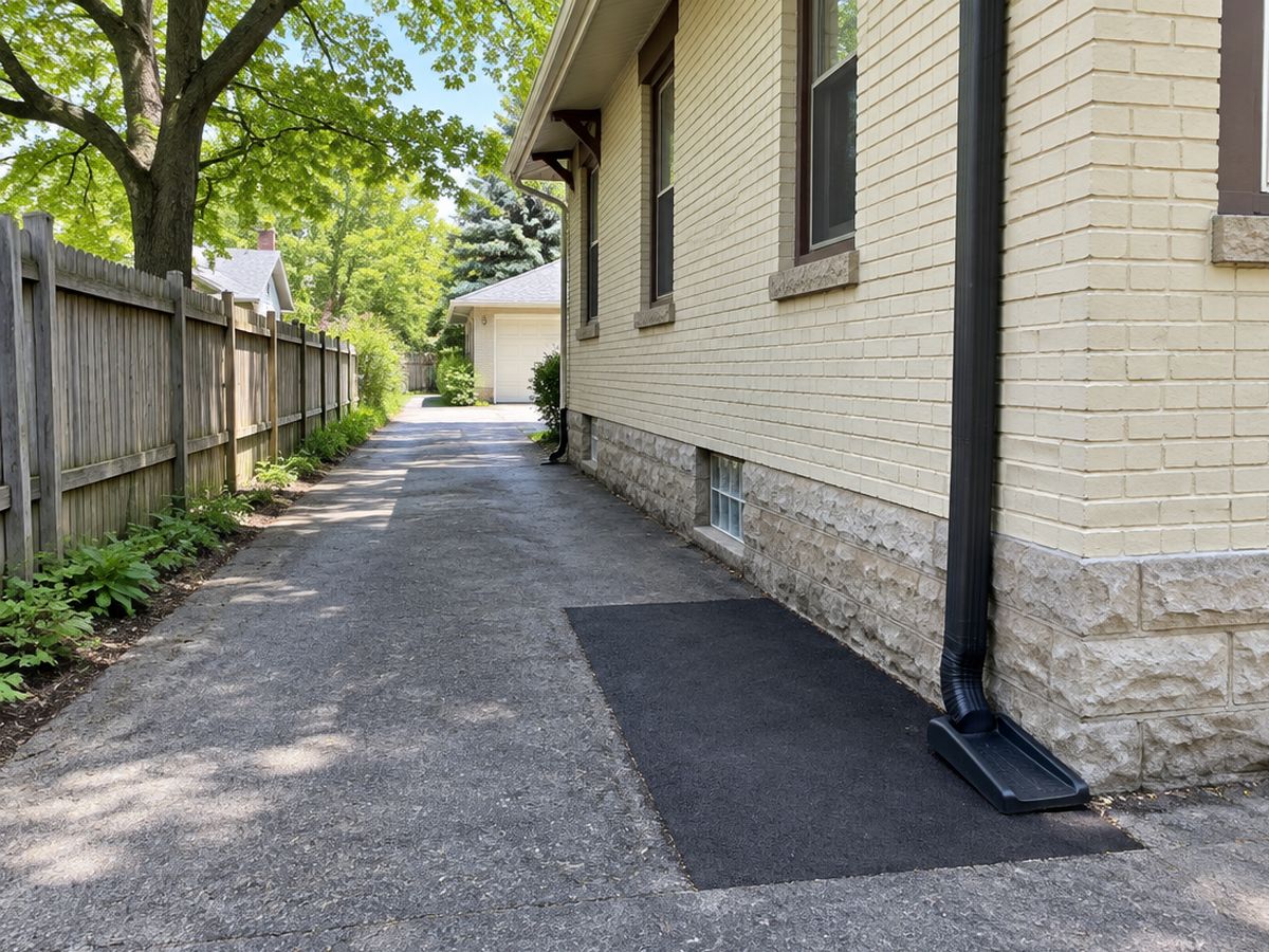 Where a black downspout empties onto a splash block, a dark saw-cut patch lies along the side drive of a cream brick bungalow