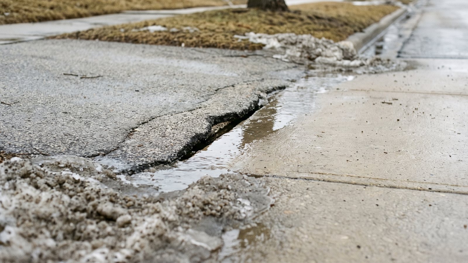 Slushy snow melts into a wet joint where a cracked asphalt apron has lifted above the concrete sidewalk, brown winter grass beyond