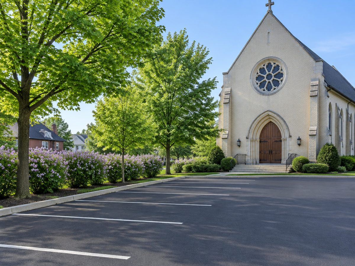 A rose window and arched wooden doors mark a cream brick church whose sealed, lined lot is edged with blooming lilacs