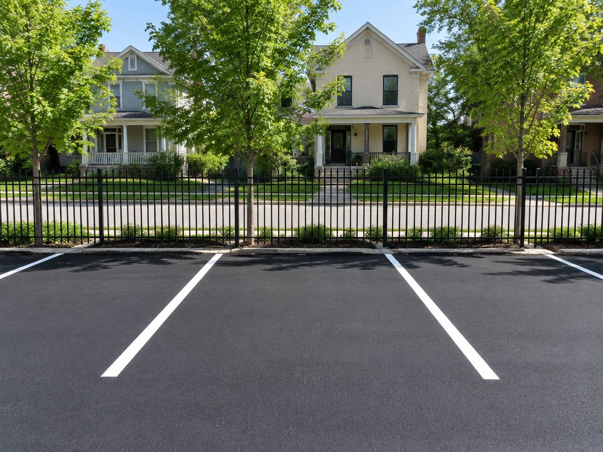 Behind a black steel picket fence and young street trees, porched older houses overlook new white stall lines on jet-black sealcoat